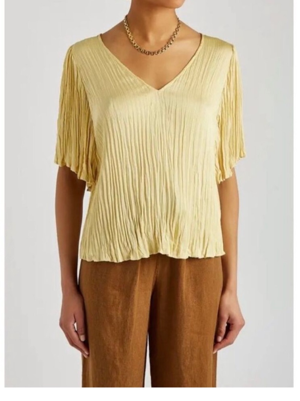 Vince Pale Yellow Crinkle V-Neck Flutter Short Sleeve Blouse Relaxed Small